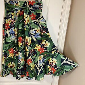 Zara Women's Tropical Floral Midi Skirt Size S Ruffle Hem Pockets Attached Belt